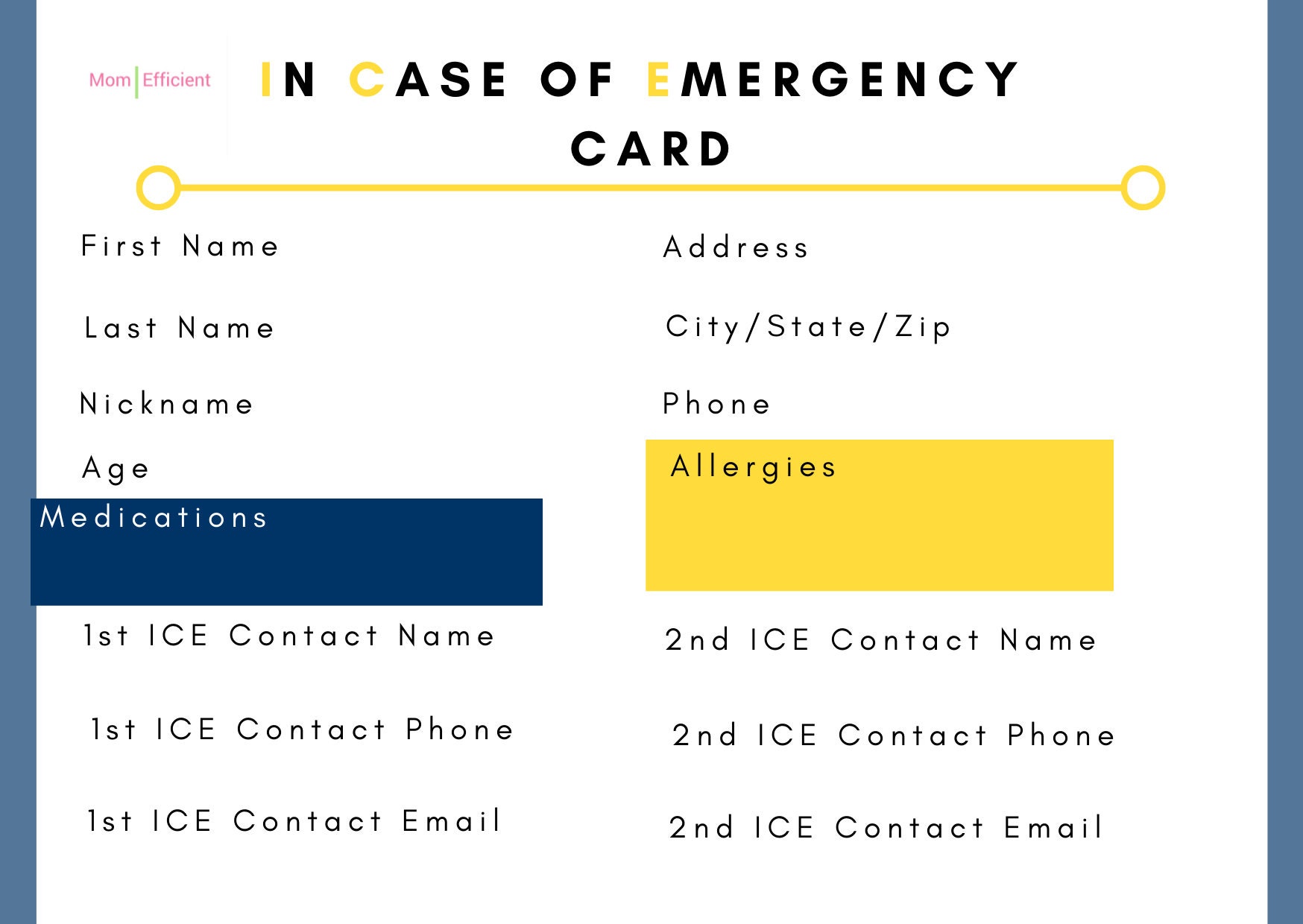 Printable Backpack Wallet ICE Cards in Case of Emergency Contact Cards 