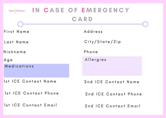 Printable Backpack Wallet ICE Cards | in Case of Emergency Contact ...