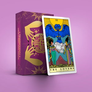 May include: A tarot card with a blue bird and two people standing on a mountain. The card is titled "The Lovers" and has the number "VI" in the top right corner. The card is from the "Fundamental +" tarot deck.