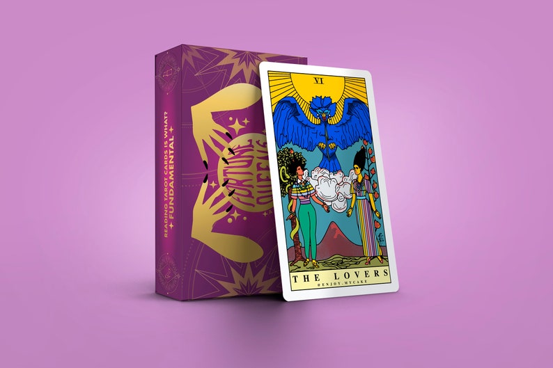 May include: A tarot card with a blue bird and two people standing on a mountain. The card is titled "The Lovers" and has the number "VI" in the top right corner. The card is from the "Fundamental +" tarot deck.