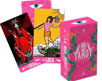 May include: A pink box with a green cactus design and the text "La Mas Tarot Es Hora de Hechizar"  is shown with three tarot cards. The cards are "El Diablo", "La Loca", and a card with an eye on a pink background.