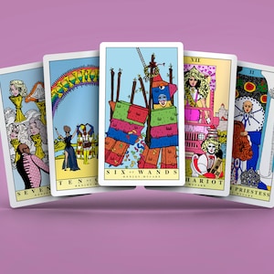 May include: A spread of tarot cards featuring colorful illustrations of people and objects. The cards include the Seven of Swords, Ten of Cups, Six of Wands, Chariot, and High Priestess.