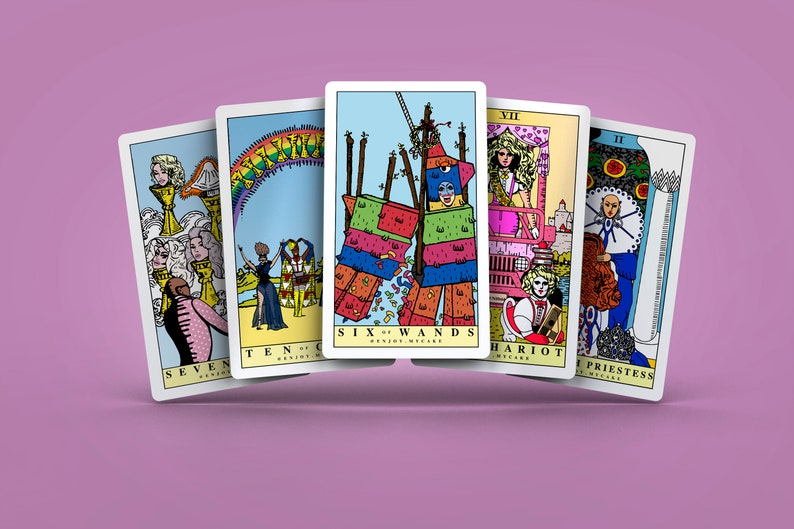 May include: A spread of tarot cards featuring colorful illustrations of people and objects. The cards include the Seven of Swords, Ten of Cups, Six of Wands, Chariot, and High Priestess.