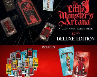 May include: The Little Monster's Arcana Deluxe Edition tarot deck. The box is black with red accents and the text "The Little Monster's Arcana". Includes 22 stickers and 2 foiled cards. The cards feature illustrations of The Devil and The Hanged Man.