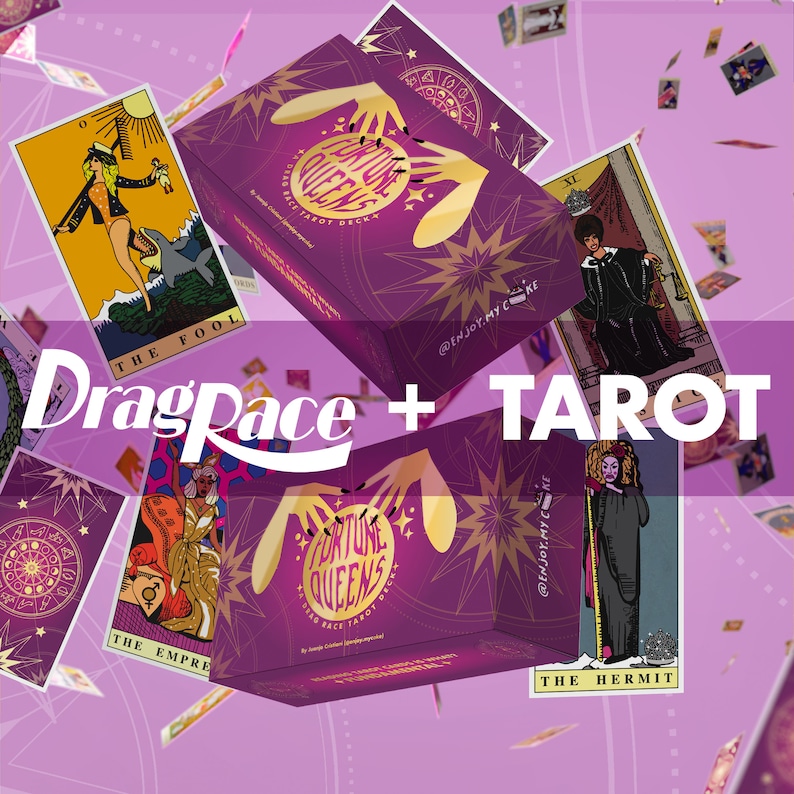 May include: A purple box with gold stars and the text "Fortune Queens Drag Race Tarot Deck" on the front. The box is surrounded by tarot cards with images of drag queens and the text "The Fool", "The Empress", and "The Hermit".