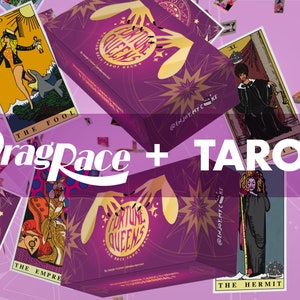 May include: A purple box with gold stars and the text "Fortune Queens Drag Race Tarot Deck" with a tarot card featuring a woman in a blue swimsuit and a white hat with the text "The Fool" on the card.