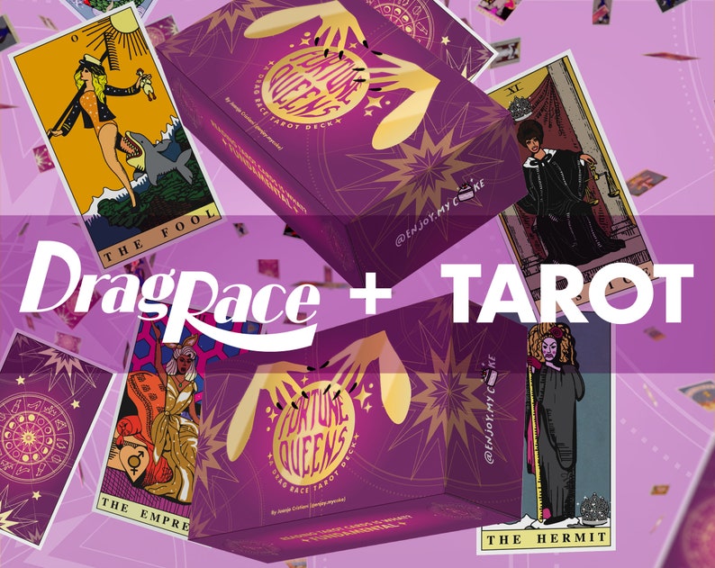 May include: A purple box with gold stars and the text "Fortune Queens Drag Race Tarot Deck" with a tarot card featuring a woman in a blue swimsuit and a white hat with the text "The Fool" on the card.