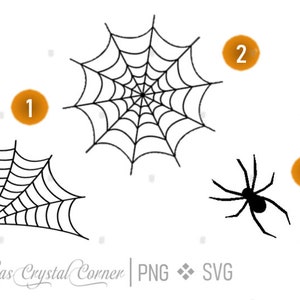 May include: Black and white Halloween-themed digital graphics. The image features a spider, two spiderwebs, and the text "PNG SVG" and "Elinas Crystal Corner". These graphics are perfect for crafting.