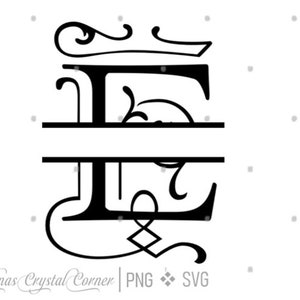 May include: Black and white split monogram letter "E" with decorative flourishes. The design includes a horizontal line dividing the letter, with elegant curves and embellishments. The text "Elinas Crystal Corner | PNG SVG" is at the bottom.