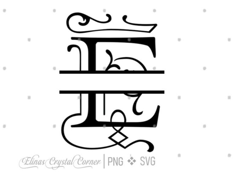 Op de afbeelding: Zwart-wit gesplitste monogramletter "E" met decoratieve krullen. Het ontwerp bevat een horizontale lijn die de letter verdeelt, met elegante rondingen en versieringen. De tekst "Elinas Crystal Corner | PNG SVG" staat onderaan.