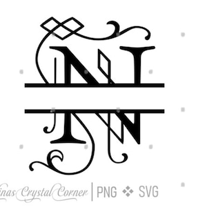 以下が含まれることがあります： 黒と白の分割モノグラムデザイン。文字「N」と「N」と装飾的な飾りがあります。画像には「Elinas Crystal Corner | PNG ✦ SVG」というテキストが含まれています。