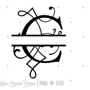 May include: Black and white split monogram letter "C" with decorative flourishes. The design features a horizontal line dividing the letter. The text "Elinas Crystal Corner | PNG SVG" is at the bottom.