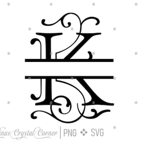 May include: Black monogram design featuring the letters "K" and "K" in a split, elegant script. The design includes decorative flourishes and is set against a white background. The text "Elinas Crystal Corner | PNG SVG" is at the bottom.