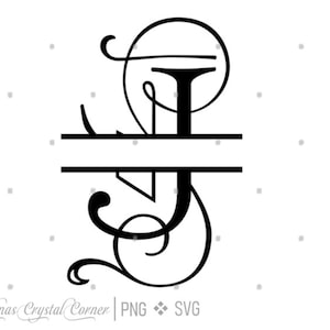 Może przedstawiać: Czarno-biały podzielony monogram litery "J" z dekoracyjnymi zawijasami i okrągłym elementem. Projekt zawiera tekst "Elinas Crystal Corner | PNG SVG".