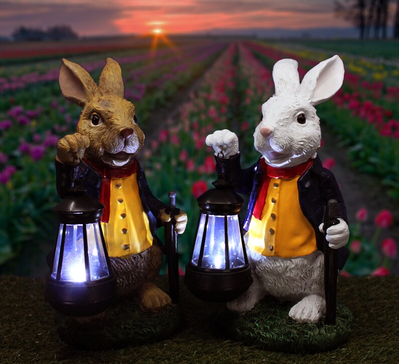 Garden Rabbit Statue With Solar Lantern Etsy Australia