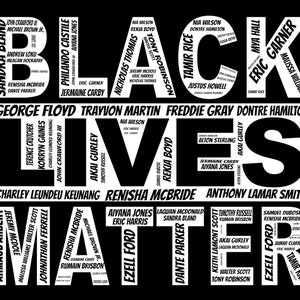 May include: Black and white graphic with the words "Black Lives Matter" in large, bold letters. The words are formed by the names of people who have died in police custody or due to racial violence.