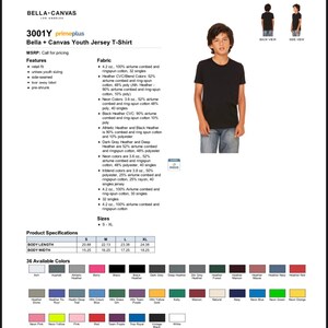 May include: A Bella + Canvas Youth Jersey T-Shirt in black, with a crew neck and short sleeves. The shirt is made of 4.2 oz 100% airlume combed and ringspun cotton. The shirt is available in sizes S-XL and 36 colors. The shirt is shown on a model wearing the shirt.