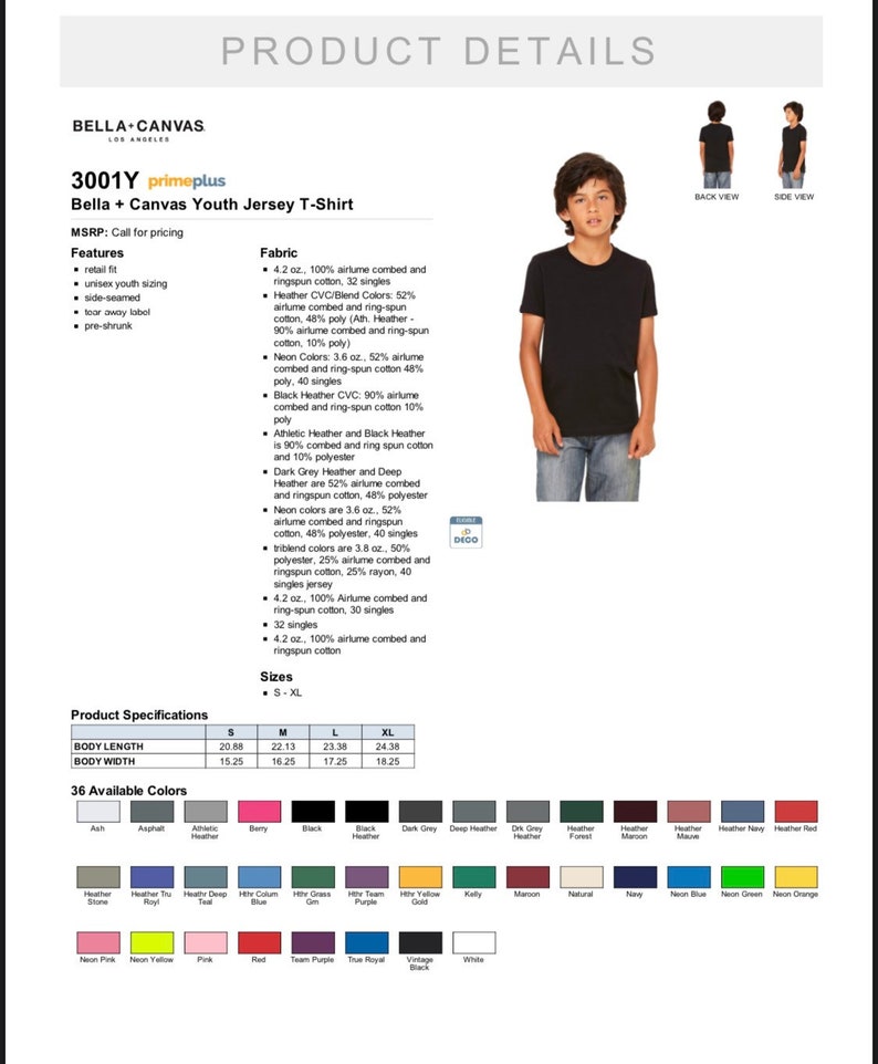 May include: A Bella + Canvas Youth Jersey T-Shirt in black, with a crew neck and short sleeves. The shirt is made of 4.2 oz 100% airlume combed and ringspun cotton. The shirt is available in sizes S-XL and 36 colors. The shirt is shown on a model wearing the shirt.