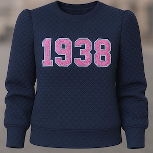 May include: Navy blue quilted sweatshirt with the number "1938" in pink glitter lettering. The long-sleeved top has a crew neck and a diamond pattern. The sleeves have a slight puff at the shoulders.