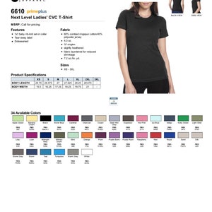 May include: A charcoal grey Next Level Ladies' CVC T-Shirt with a crew neck and short sleeves. The shirt is made of 60% combed ringspun cotton and 40% polyester jersey. The size chart shows measurements in inches for XS, S, M, L, XL, 2XL, and 3XL.