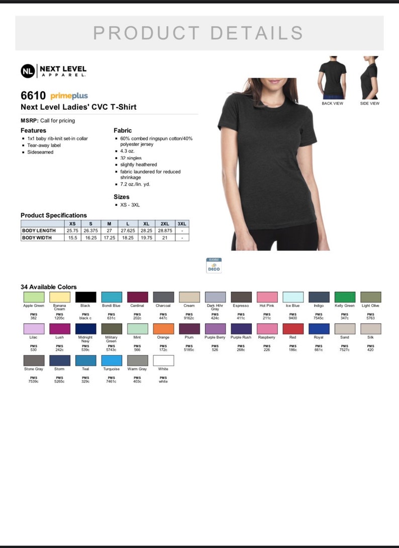 May include: A charcoal grey Next Level Ladies' CVC T-Shirt with a crew neck and short sleeves. The shirt is made of 60% combed ringspun cotton and 40% polyester jersey. The size chart shows measurements in inches for XS, S, M, L, XL, 2XL, and 3XL.