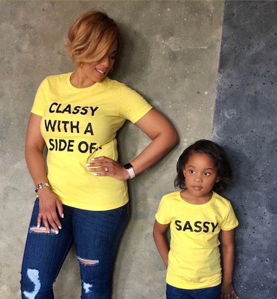 Mommy and Me matching tshirt Classy with a side of sassy fun shirt ideas for mom and daughter photoshoot shirt ideas
