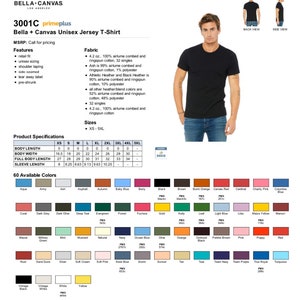 May include: A Bella + Canvas Unisex Jersey T-Shirt in black, shown on a model wearing blue jeans. The shirt is a crew neck, short-sleeve style with a retail fit. The product details include the fabric composition, sizes, and a chart of 60 available colours.