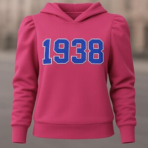 1938 / Sudadera con capucha bordada con purpurina / Camisetas de mamá / / Jack y Jill imagen 3