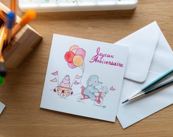 Verjaardagskaart voor kinderen, originele handgeschilderde aquarel