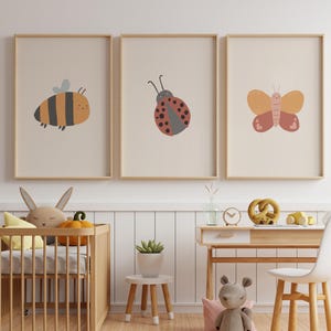 Cute set of 3 bug nursery prints, Bumble bee wall art, Digital downloads, Garden art prints, Kids playroom posters, Ladybug baby room decor