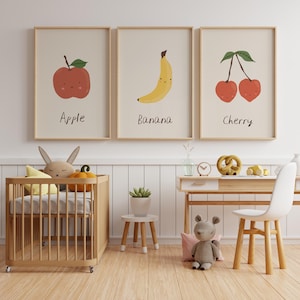 Educational ABC Set of 3 Poster, Printable Nursery Wall Art Decor, Apple, Banana, Cherry, Fruit Nursery Art, Nursery Decor, Kids Fruit Art