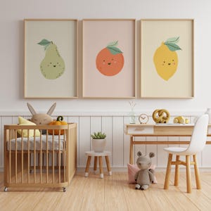 Cute Nursery Fruit Prints, Set of 3 Digital Downloads, Kids Wall Art, Lemon, Orange, Pear, Nursery Wall Art, Baby Fruits, Nursery Print Set