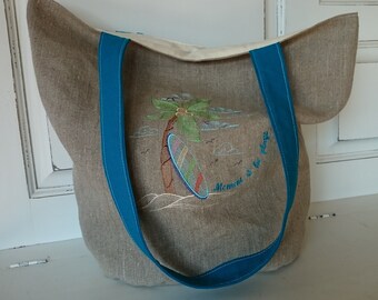 Beach bag, embroidered linen tote bag