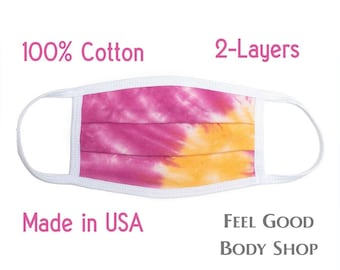 Mascarilla facial tie-dye rosa y naranja - Mascarilla para adultos - Mascarilla tie-dye - Mascarilla lavable y reutilizable - Mascarilla de algodón - Mascarilla de 2 capas - Fabricada en EE. UU.