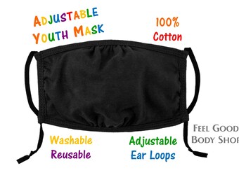 Mascarilla facial ajustable para niños - Mascarilla facial negra para niños - Mascarilla facial ajustable para jóvenes - Mascarilla facial lavable - Mascarilla facial 100% algodón - Mascarilla de 3 capas
