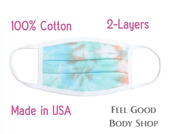 Mascarilla facial con estampado tie-dye azul melocotón - Mascarilla para adultos - Mascarilla tie-dye - Mascarilla lavable y reutilizable - Mascarilla de algodón - Mascarilla de 2 capas - Fabricada en EE. UU.