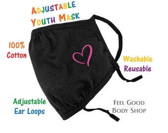 Mascarilla facial ajustable para niños y jóvenes - Mascarilla facial con corazón rosa - Mascarilla facial con corazón - Mascarilla facial lavable - Mascarilla de 3 capas 100% algodón - Mascarilla facial para niños