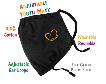 Mascarilla facial ajustable para niños y jóvenes - Mascarilla amarilla con corazón - Mascarilla lavable y reutilizable - Mascarilla de amor y bondad - Mascarilla de 3 capas 100% algodón