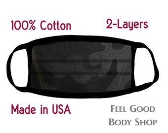 Mascarilla facial de camuflaje negro - Mascarilla para adultos - Mascarilla de camuflaje - Mascarilla lavable y reutilizable - Mascarilla de algodón - Mascarilla de 2 capas - Fabricada en EE. UU.