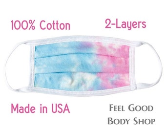 Mascarilla facial con estampado tie-dye azul y rosa - Mascarilla para adultos - Mascarilla tie-dye - Mascarilla lavable y reutilizable - Mascarilla de algodón - Mascarilla de 2 capas - Fabricada en EE. UU.