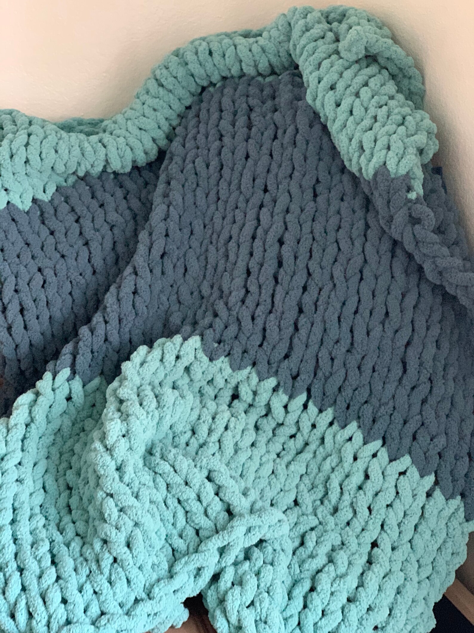 Chunky Knit Blanket in Teal and Indigo Blue Striped Pattern Etsy