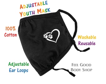 Mascarilla facial ajustable para niños y jóvenes - Mascarilla con estampado de huellas de perro y cachorro en forma de corazón - Mascarilla para amantes de los animales - Mascarilla lavable - Mascarilla 100% algodón - Mascarilla de 3 capas