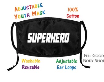 Mascarilla facial ajustable para niños y jóvenes - Mascarilla de superhéroe - Mascarilla de héroe de acción - Mascarilla lavable - Mascarilla 100% algodón - Mascarilla de 3 capas