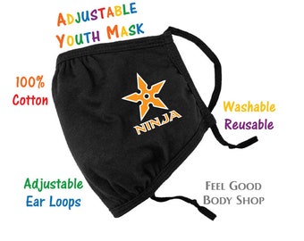 Mascarilla facial ajustable para niños y jóvenes - Mascarilla Ninja - Mascarilla con estrella Ninja - Mascarilla lavable - Mascarilla 100% algodón - Mascarilla de 3 capas