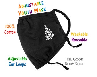 Mascarilla juvenil ajustable con diseño de árbol de Navidad - Mascarilla para las fiestas de invierno - Mascarilla negra para jóvenes - Mascarilla lavable y reutilizable - Mascarilla de 3 capas 100% algodón
