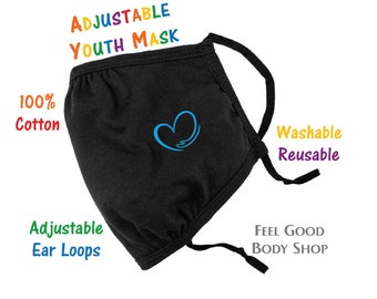 Mascarilla facial ajustable para niños y jóvenes - Mascarilla facial azul con corazón - Mascarilla facial lavable y reutilizable - Mascarilla de 3 capas 100% algodón - Mascarilla ajustable para niños