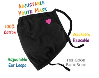 Mascarilla facial ajustable para niños y jóvenes - Mascarilla con corazón rosa - Mascarilla con corazón - Mascarilla lavable - Mascarilla de 3 capas 100% algodón - Mascarilla ajustable para niños