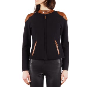 Ralph Lauren Jacket Vintage Women Black Knit Faux Leather Trims Zip S