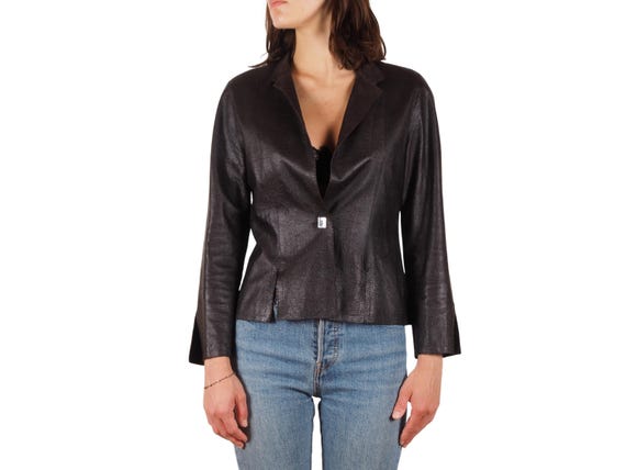 Jean Muir, Jean Muir Blazer Jacket Cropped Leather Textured Vintage Women UK 8 / US 6