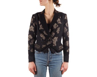Chaqueta tipo blazer corta para mujer Kenzo Vintage, color negro y dorado metalizado con estampado floral y cuentas, talla M